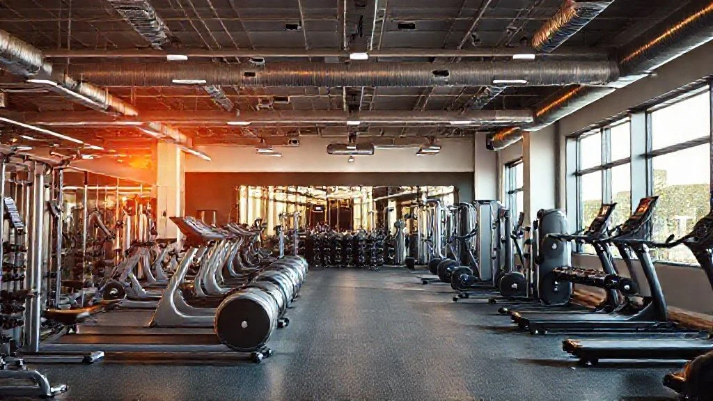 A vast, high-resolution, ultra-wide shot of a futuristic, dark, minimalist gym interior. The focus is on a single, perfectly sculpted piece of high-performance fitness equipment, illuminated by dramatic deep blue and electric teal accent lighting, casting long, sharp shadows. The floor is polished concrete with subtle geometric light patterns. The background is blurred, suggesting an expansive, high-tech environment. The composition is sleek and powerful.